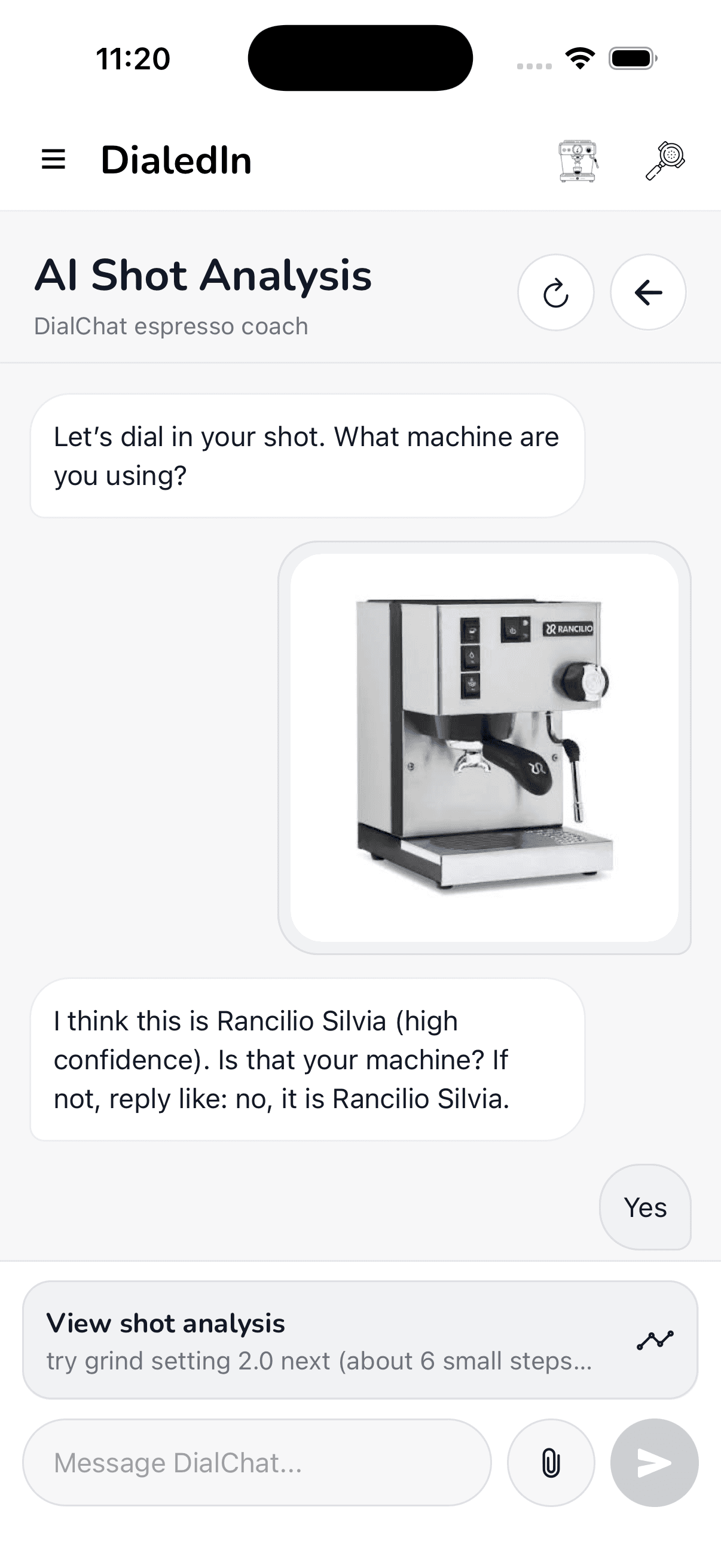 DialedIn AI shot analysis conversation identifying an espresso machine