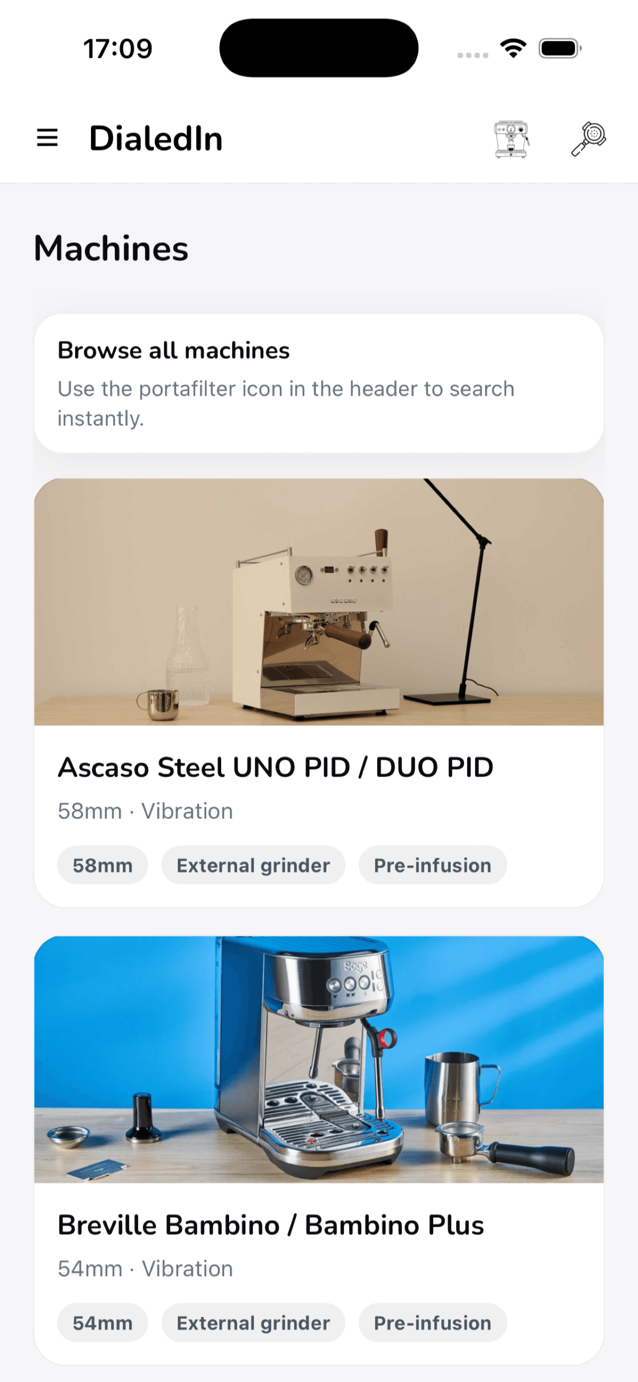 DialedIn machine browser showing the Ascaso Steel and Breville Bambino